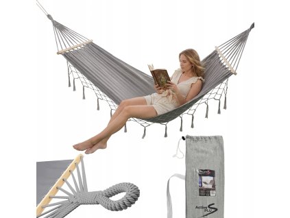 Velká hamaka ActivePlus pro 2 osoby se stabilizační tyčí a nosností až 200 kg šedá