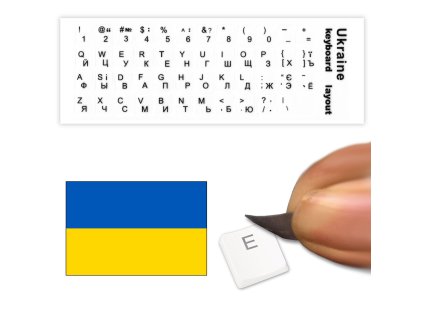 Nálepky na klávesnicu s ukrajinskými písmenami v bielej farbe s čiernymi písmenami