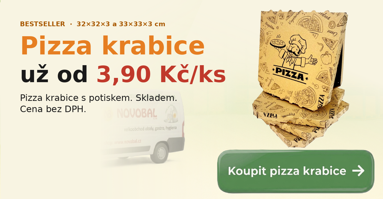 Pizza krabice s potiskem 32×32×3 a 33×33×3 cm — od 3,90 Kč/ks bez DPH