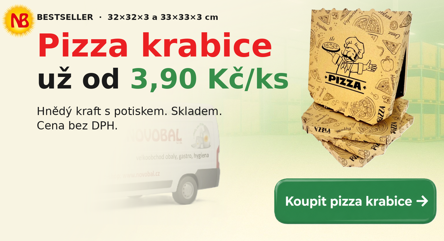 Pizza krabice s potiskem 32×32×3 a 33×33×3 cm — od 3,90 Kč/ks bez DPH