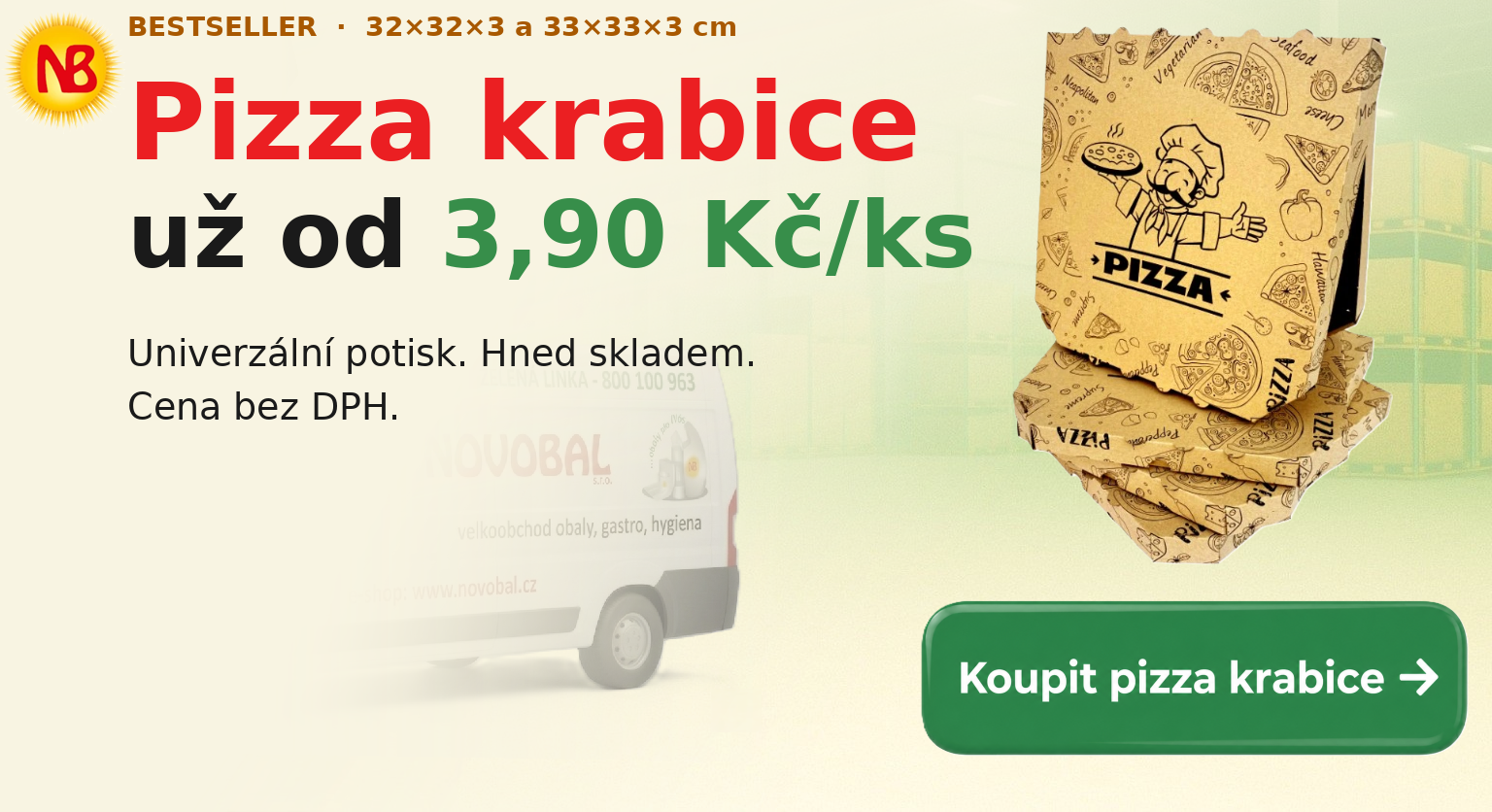 Pizza krabice s potiskem 32×32×3 a 33×33×3 cm — od 3,90 Kč/ks bez DPH