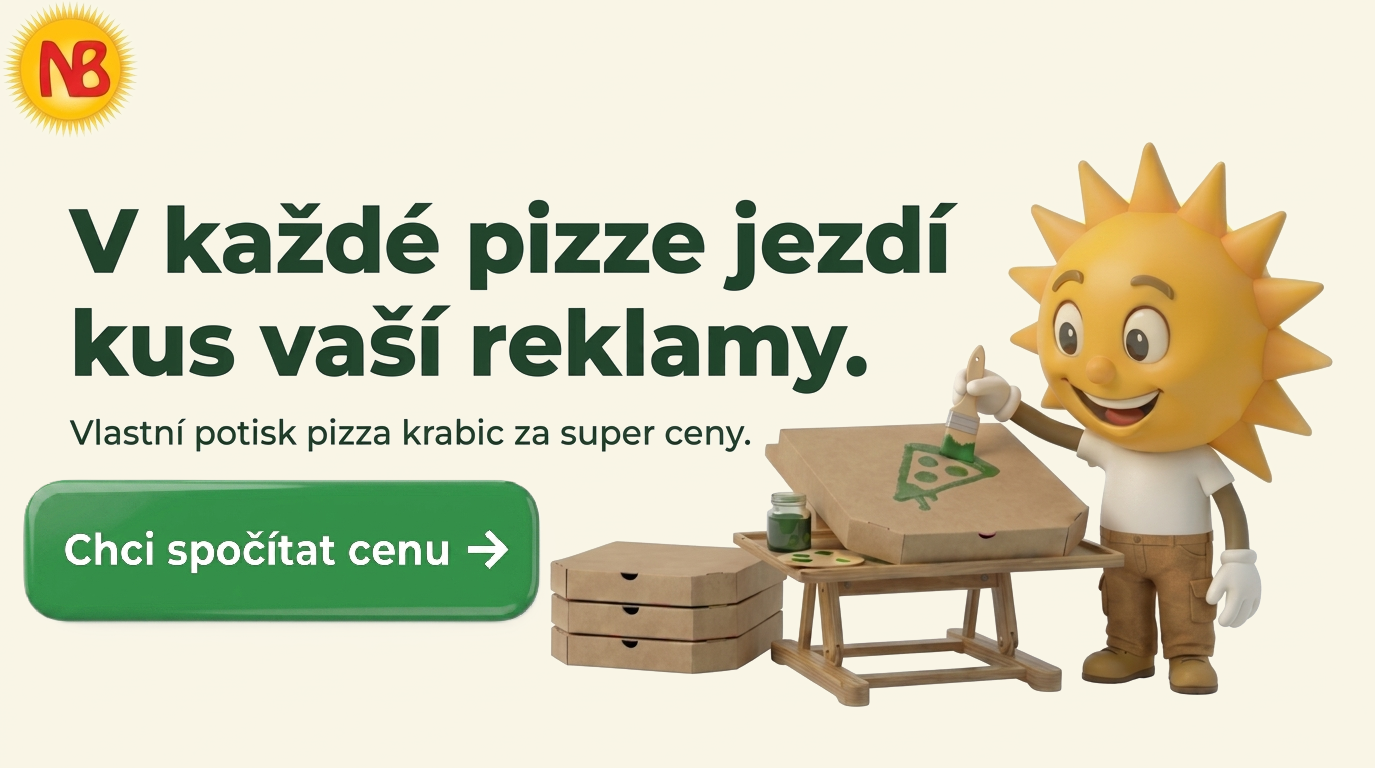 Potisk pizza krabic — vlastní logo a design na hnědé kraft krabice barvy od 2,75 Kč/ks bez DPH - role pytlů ve skladu Novobal
