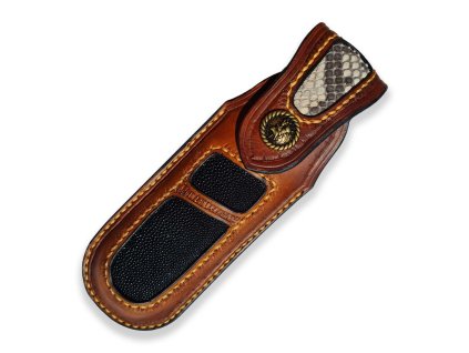 Kožené pouzdro pro zavírací nůž Dellinger Tanto Lenge Obsidian VG-10, hovězí a hadí kůže, kůže perlové ryby