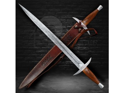 Funkční ostřený meč Cruzada Sword z uhlíkové damaškové oceli, kožené pouzdro