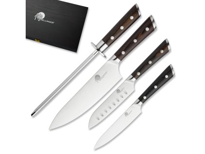 Sada 3 nožů + diamantová ocílka v dřevěné dárkové krabici, Dellinger German Black Samurai