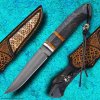 Luxusní lovecký nůž Dellinger Huggtand z oceli Indian Wootz, s koženým pouzdrem f