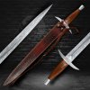 Funkční ostřený meč Cruzada Sword z uhlíkové damaškové oceli, kožené pouzdro b