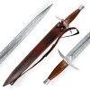 Funkční ostřený meč Cruzada Sword z uhlíkové damaškové oceli, kožené pouzdro c