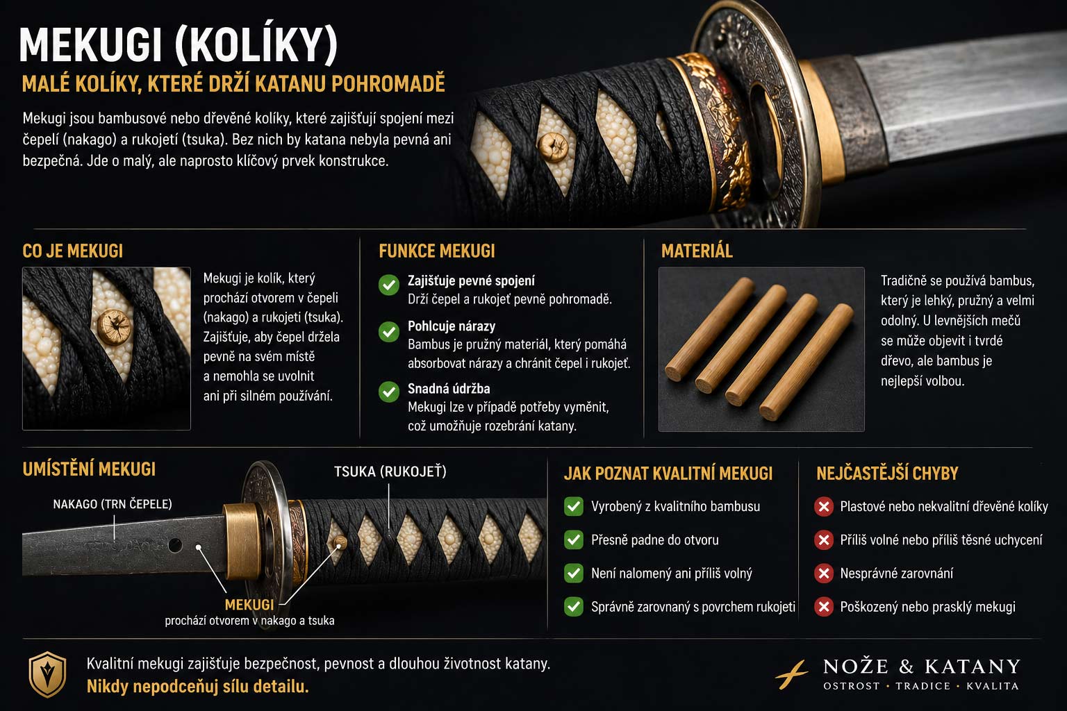 Mekugi (kolíky): malý detail, který drží katanu pohromadě