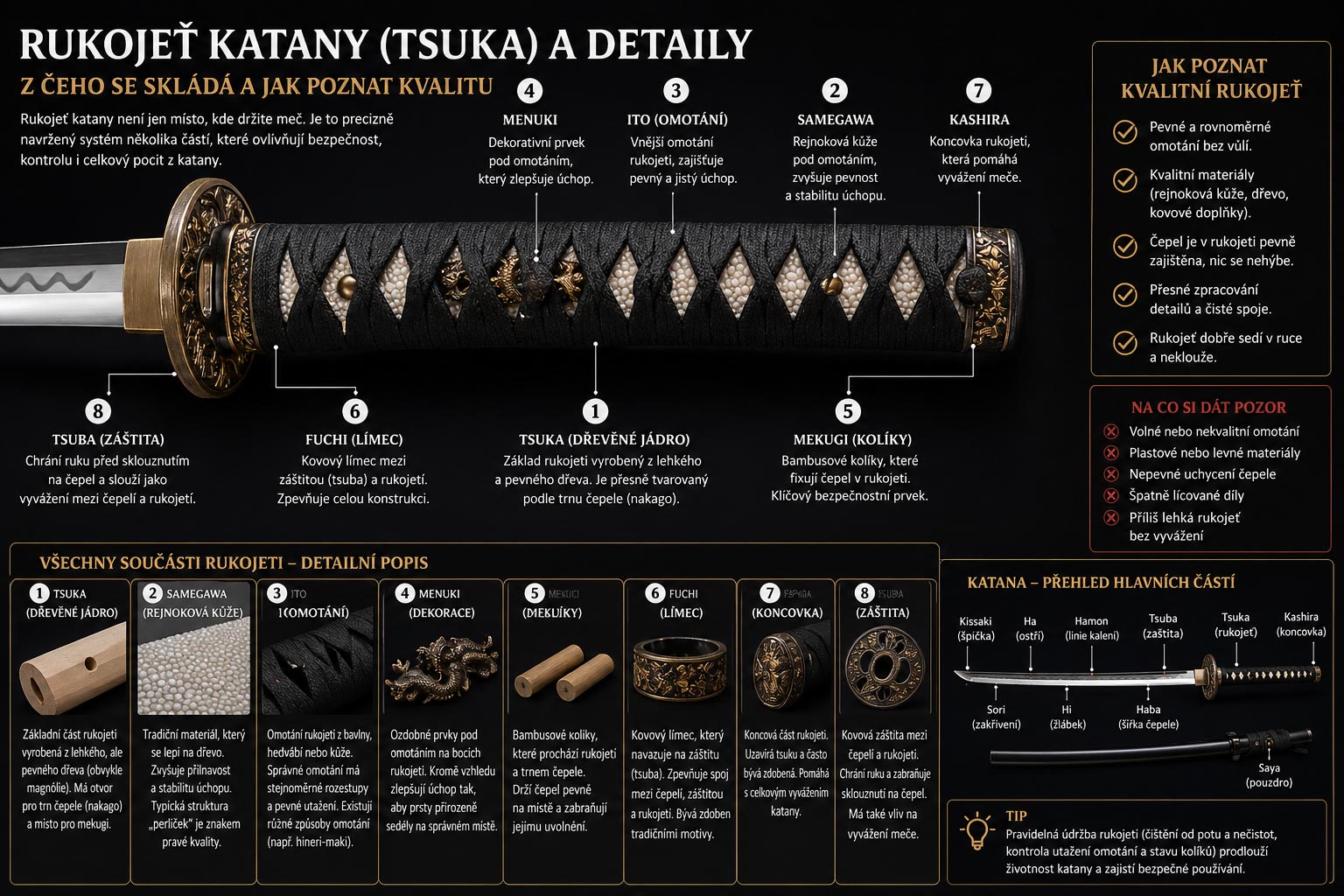 Rukojeť katany (tsuka) a detaily: z čeho se skládá a jak poznat kvalitu