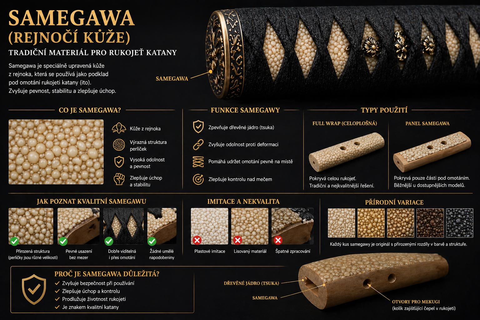 Samegawa (rejnočí kůže): tradiční materiál, který dává kataně pevnost