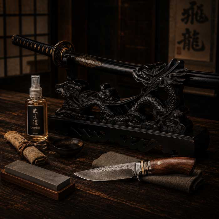 nůž, katana a pomůcky na čištění a broušení, ilustrace