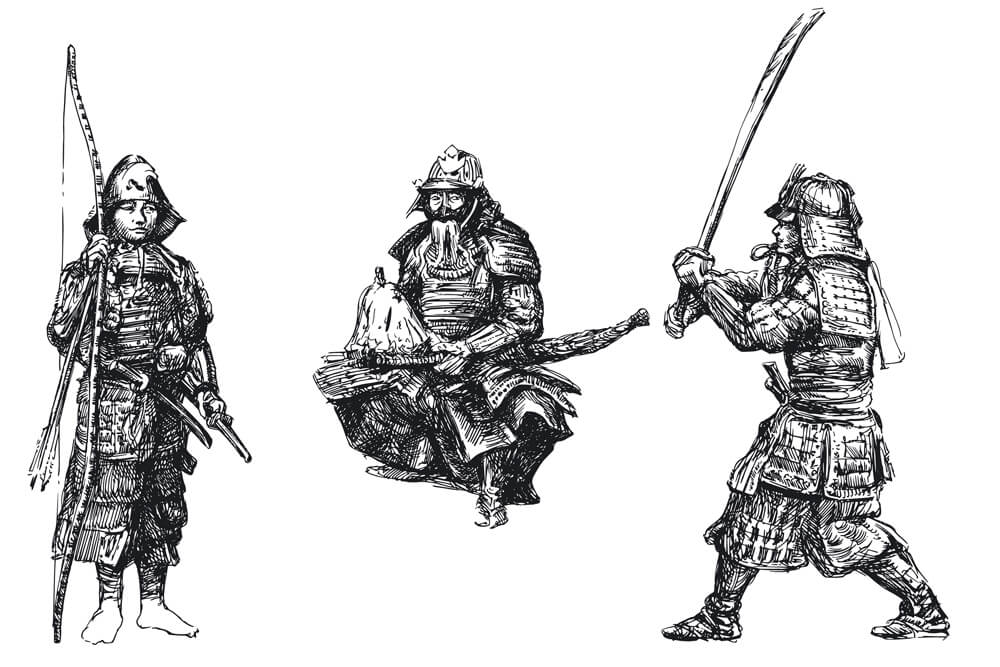 Samurai ve zbroji, dobová kresba