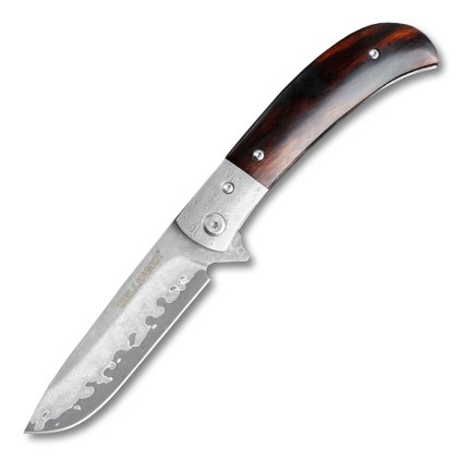 Damaškový zavírací nůž Dellinger Scorpion Ironwood Flipper s rukojetí z pouštního dřeva a keramickými ložisky.