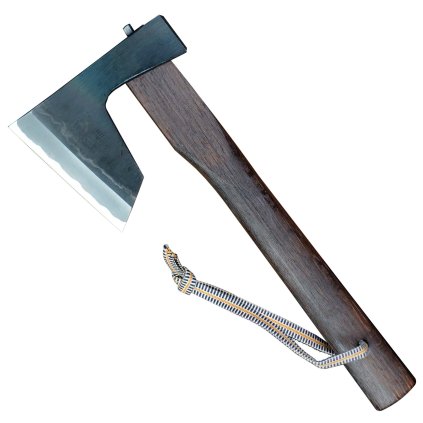 Tradiční japonská sekera Masakari s opáleným dubovým topůrkem a koženým pouzdrem.