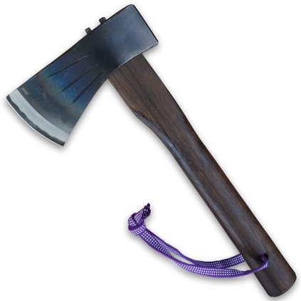 Tradiční kovaná japonská sekera Ko-Ono s opálenou rukojetí a koženým pouzdrem