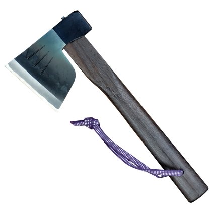 Tradiční kovaná japonská sekera Bakin s opáleným topůrkem a koženým pouzdrem.