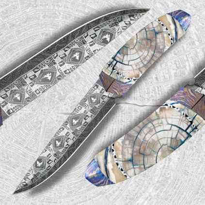 Sběratelský nůž Dellinger EVIL DRAGON Laminated Nr. 12 s rukojetí z mamutího klu a bolsterem z Timascu.