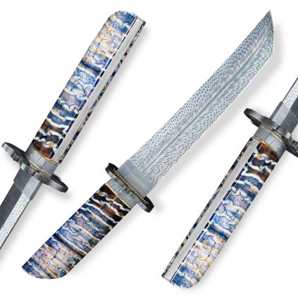 Sběratelský nůž tanto Dellinger FEZÁ Blue Randy Feather Damascus Nr.14 s koženým pouzdrem, rukojeť z mamutí fosilie