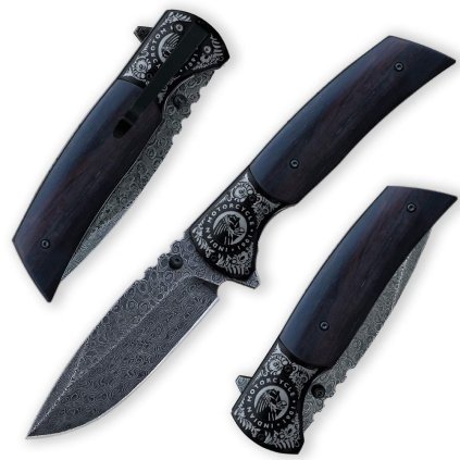 Damaškový zavírací nůž Dellinger Indian IMRG-01 s černou čepelí a ebenovou rukojetí.