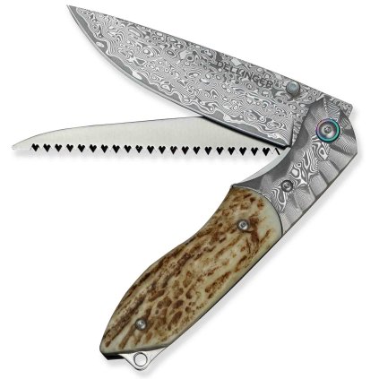 Lovecký zavírací nůž Dellinger Wilderer s pilkou, rukojetí z paroží a luxusním koženým pouzdrem.
