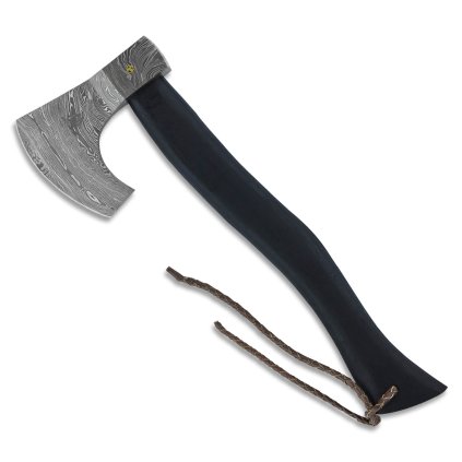 Damašková outdoorová sekera Dellinger Valhalla s topůrkem z palisandru a koženým pouzdrem.