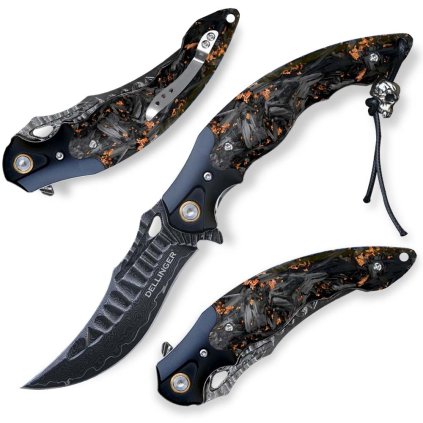 Damaškový zavírací nůž Dellinger Damascus Meisel s rukojetí z karbonu a mědi v pryskyřici.
