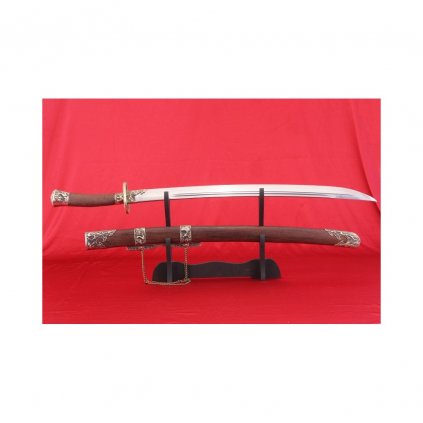 čínská šavle z dynastie Ming a Qing, uhlíková ocel AISI 1045, dřevěná pochva se zdobením