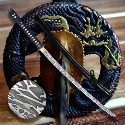 Dekorativní řemeslná replika meče katana Sunekuai s 3D vzorem čepele a černou lesklou pochvou