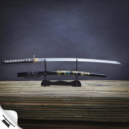 Řemeslná replika meče katana Gorudo s černou lesklou pochvou saya a orientálním motivem