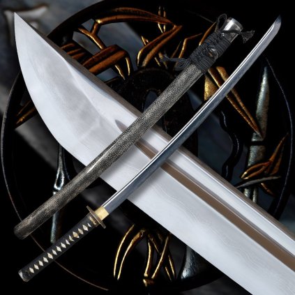 Replika meče katana Shikai s broušenou rejnočí kůží a linií hamon Choji