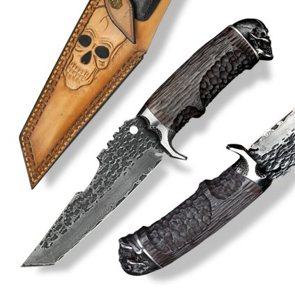 Robustní lovecký nůž Dellinger Skull s rukojetí z Desert Iron-wood, damaškovou čepelí a koženým pouzdrem.