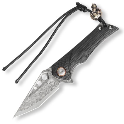 Zavírací nůž Dellinger Ebony Silver s tanto čepelí, rukojetí ze dřeva wenge a paracordem s lebkou.