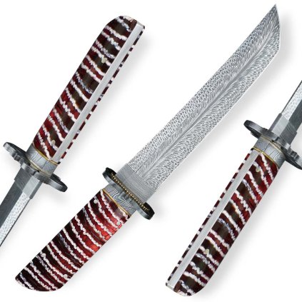 Exkluzivní sběratelský nůž tanto Dellinger FEZÁ Braun Feather Damascus s mamutí fosilií, limitovaná edice Nr.10