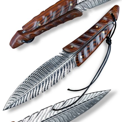 Designový damaškový nůž Dellinger Quill s unikátním vzorem ptačího pera na čepeli a rukojetí z modrého stabilizovaného topolu.
