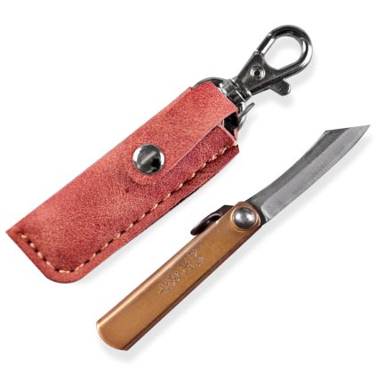 Japonský nůž Higonokami mini v hnědém pouzdře s mosaznou rukojetí, ocel SK-5