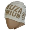 Světle béžová zimní pletená čepice Yakuza Premium 3780W s hnědým nápisem a grafikou lebky s křídly.