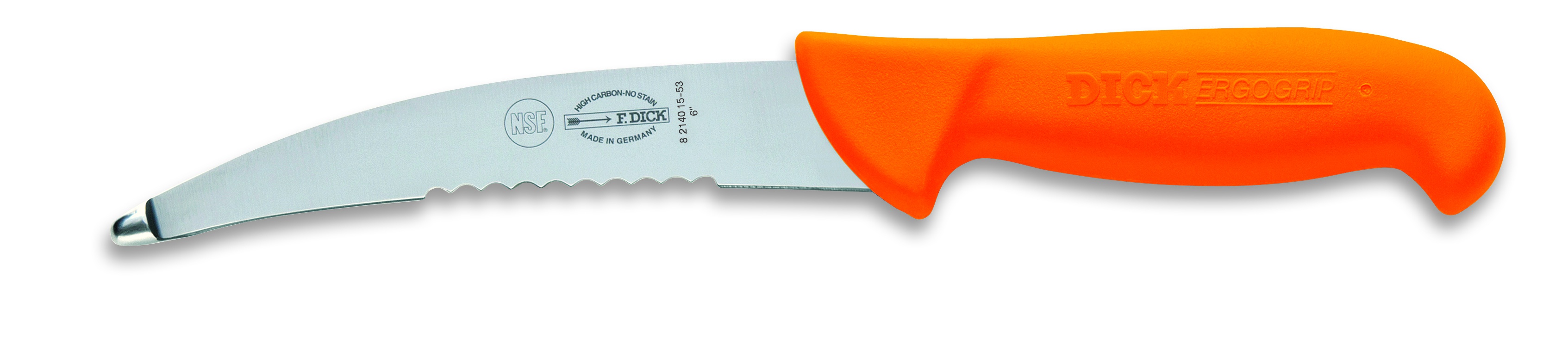 Nůž na vnitřnosti s částečně zubatým ostřím, oranžový, v délce 15 cm