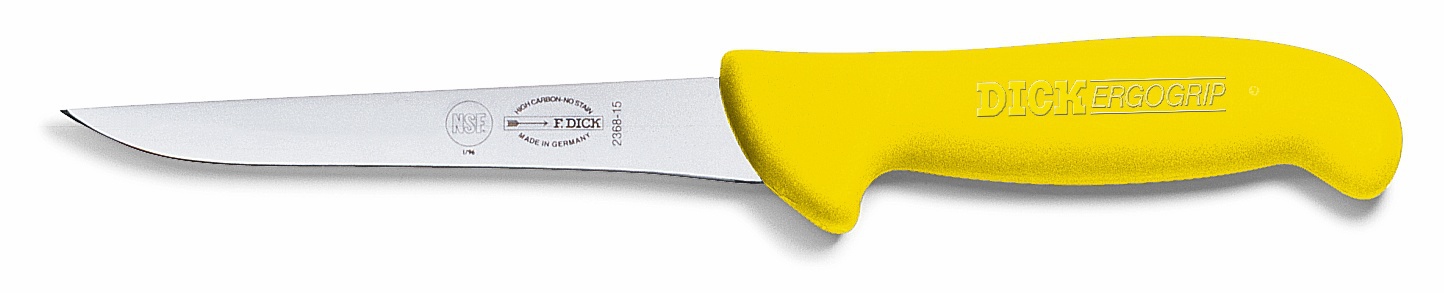 Vykosťovací nůž s úzkou čepelí, žlutý v délce 15 cm