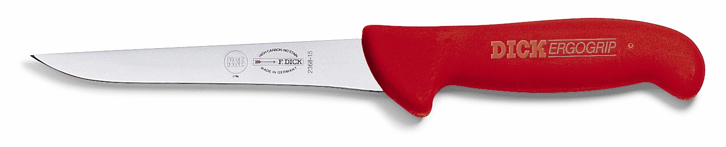 Vykosťovací nůž s úzkou čepelí, červený v délce 15 cm