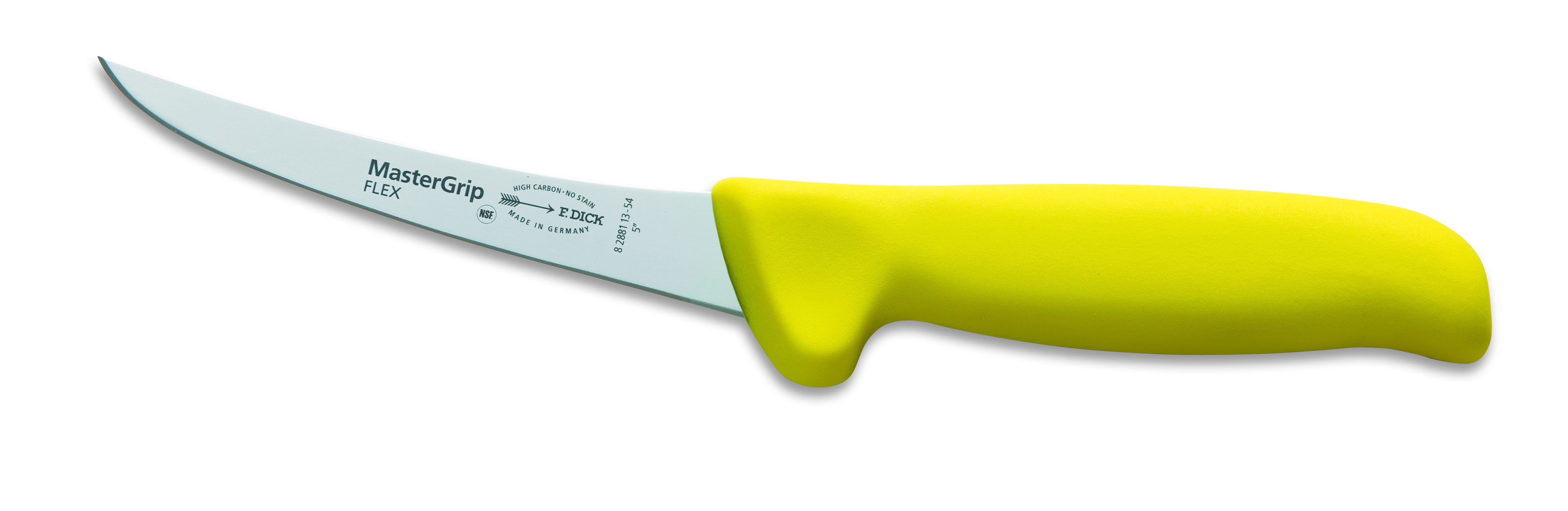 Speciální vykosťovací nůž se zahnutou čepelí, sv. žlutý ohebný v délce 13 cm