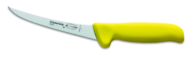 Speciální vykosťovací nůž se zahnutou čepelí, sv.žlutý, ohebný v délce 15 cm