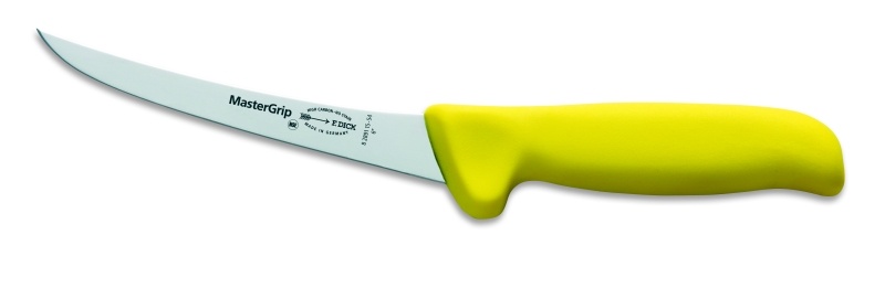 Speciální vykosťovací nůž se zahn. čepelí, světle žlutý, neohebný v délce 15 cm