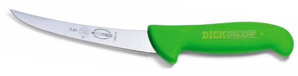 Vykosťovací nůž se zahnutou čepelí, ohebný, zelený v délce 13 cm