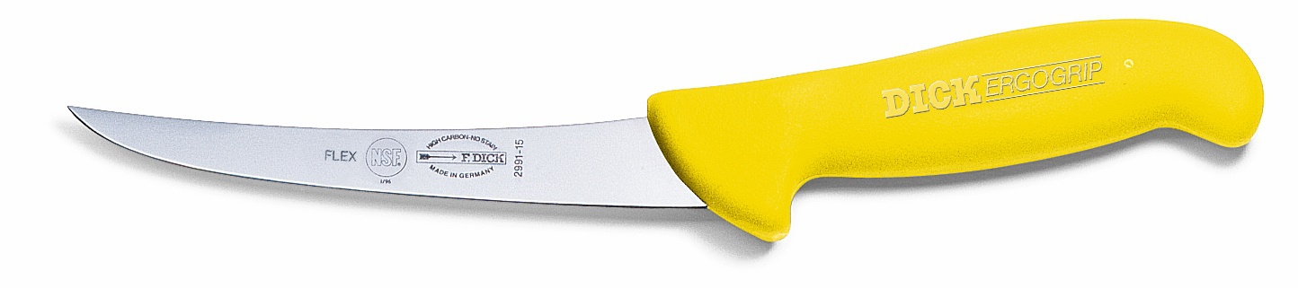 Vykosťovací nůž se zahnutou čepelí, ohebný, žlutý v délce 15 cm