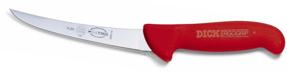 Vykosťovací nůž se zahnutou čepelí, ohebný, červený v délce 15 cm