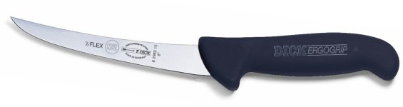 Vykosťovací nůž se zahnutou čepelí, poloohebný, černý v délce 13 cm