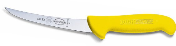 Vykosťovací nůž se zahnutou čepelí, poloohebný, žlutý v délce 13 cm