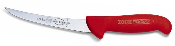 Vykosťovací nůž se zahnutou čepelí, poloohebný, červený v délce 13 cm