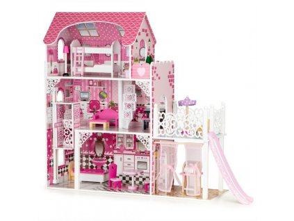 Drevený domček pre bábiky s výťahom a šmykľavkou
